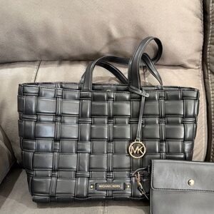 Michael Kors Black Woven Tote with Pouch